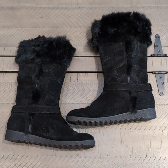 COACH Deeann Black Fur Trim Signature Winter Boots Sz 7 - Picture 7 of 14